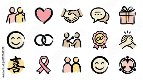A collection of hand-drawn icons representing relationships, emotions, and symbols of connection and celebration.