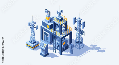 Modern telecommunication towers and equipment complex isometric view.