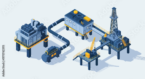 Offshore oil rig and processing platform isometric illustration.