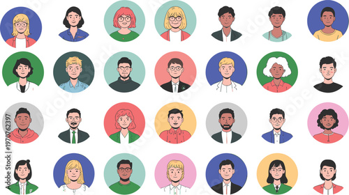 Diverse avatar icon set featuring various men and women characters in flat vector style for professional team profile and social media community design