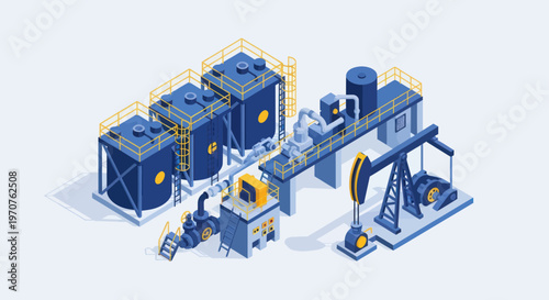 Oil extraction and processing industrial complex with pumpjack and storage tanks.