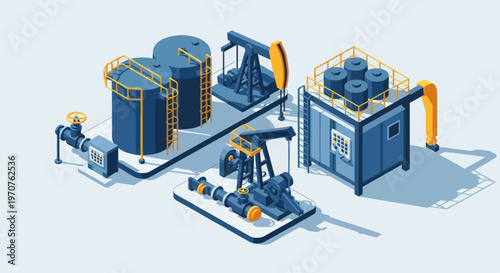 Oil extraction and processing industrial complex with pumpjacks and storage tanks.