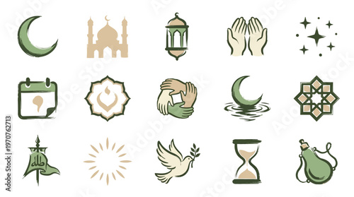 Collection of Islamic cultural and religious symbols, including a crescent moon, mosque, lantern, praying hands, stars, calendar, geometric patterns, clasped hands, and a dove.