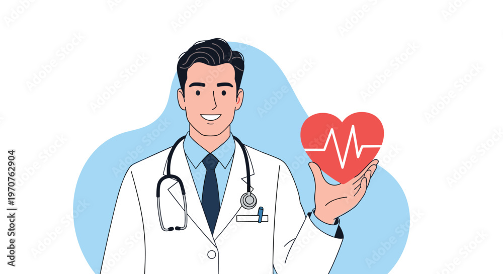 Fototapeta premium Professional male doctor in a white lab coat holds a red heart symbol with an electrocardiogram pulse line for health care.