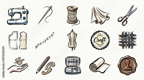 A collection of hand-drawn illustrations depicting various sewing and tailoring tools and materials, presented in a grid layout.