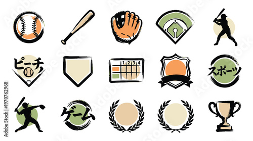 A collection of hand-drawn icons representing baseball and sports, including a baseball, bat, glove, field, player, scorekeeper, trophy, and Japanese characters.