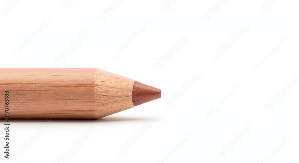 Fototapeta premium Close up of a brown colored pencil tip on a white background showing the wooden casing and sharpened point ideal for art supplies and creative tools