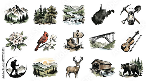 A collection of watercolor illustrations depicting iconic elements of West Virginia's natural beauty, culture, and outdoor activities.