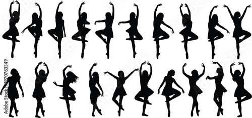 Ballet dancer silhouette vector set, black female icons, graceful pose designs, classical movement illustration, dance artwork, elegant posture theme, stage concept