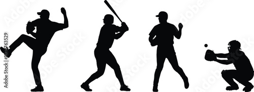 Baseball silhouettes, pitcher throwing, batter ready, catcher crouching, fielder posing, dynamic sports action, athletic movement, team roles, vector illustration, black figures