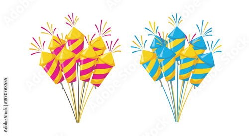 Colorful sets of firework rockets in pink yellow and blue stripes are ready for a festive celebration display and party.
