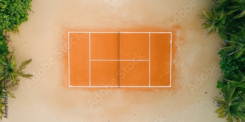 Aerial view of a red clay tennis court surrounded by sand and lush green palm trees on both sides.
