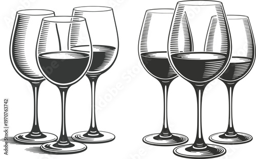 Several glasses of red wine with black and white with wine tasting