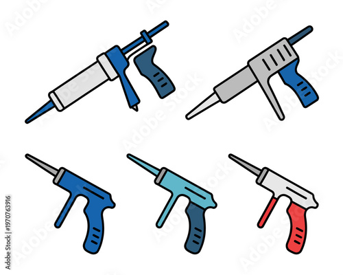 Colorful caulk guns for applying adhesive materials in construction and DIY projects