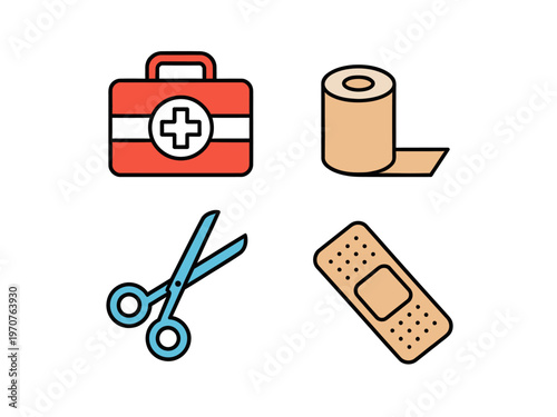 First aid kit and medical supplies icons on white background