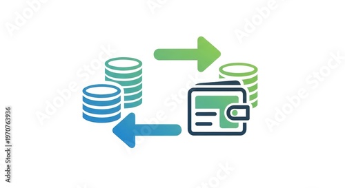 Financial transaction icon with wallet and coin stacks, money transfer concept with green and blue arrows, digital payment and currency exchange graphic