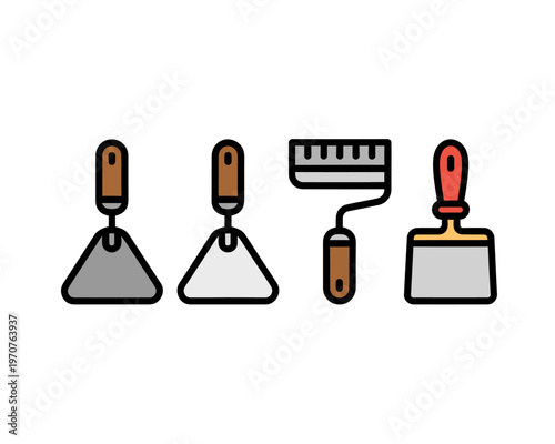Four construction tools for building and renovation work on white background