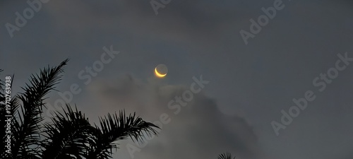 Фотография A serene night sky featuring a bright crescent moon partially obscured by faint clouds