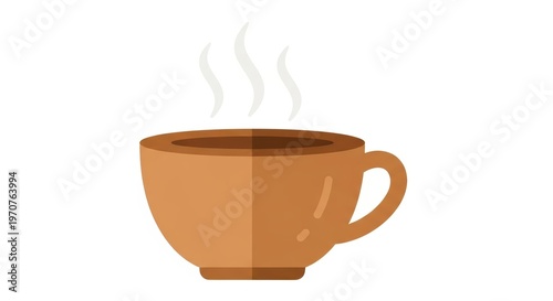 Minimalist coffee cup illustration, brown ceramic mug with hot steam, flat vector style beverage icon isolated on white background