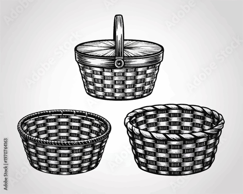 Three black and white illustrations of woven baskets with different designs and shapes
