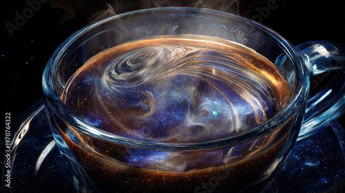 Surreal cup of coffee with swirling cosmic patterns inside, representing the hidden effects of daily ritual.
