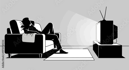 Person relaxing on sofa watching old television set in monochrome living room interior
