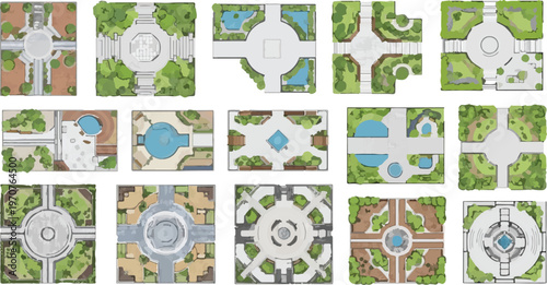 Landscape design plan collection, 15 garden top view vector elements, architectural park layout set with trees and fountains for site planning