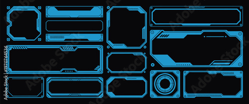 Blue Futuristic Technology Vector Elements Set Featuring Cyberpunk Border Frames, Sci Fi HUD Interface Panels, Digital Infographic Monitor Displays, High Tech UI Template Collection