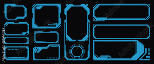 Futuristic Blue Cyberpunk UI Vector Kit with Sci Fi Border Frames, Digital Screen Interfaces, HUD Dashboard Elements, Technology Infographic Display Templates for Modern Design