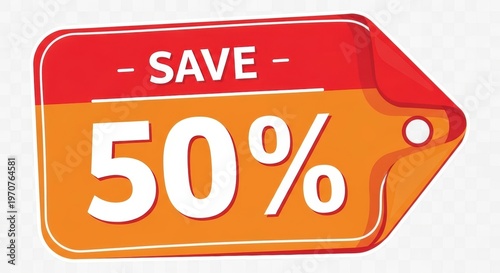 Save 50 percent discount tag, red and orange promotional sale label, half price offer sticker for retail marketing and e-commerce shopping