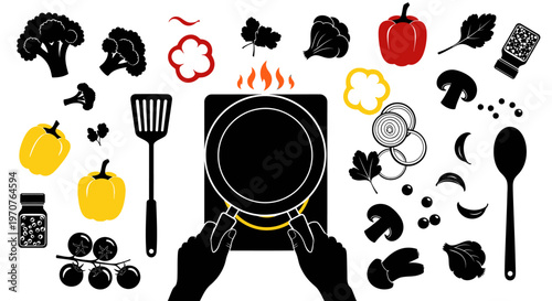 Cooking essentials with vegetables and utensils on a stove top with fire
