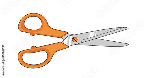 Pair of sharp stainless steel scissors with bright orange plastic handles is open and ready for cutting paper or fabric.