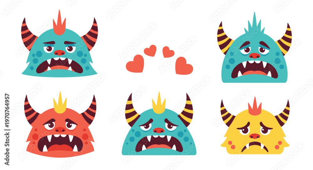 Obraz premium Cute blue red and yellow monster faces with horns and various emotional expressions are arranged in a comprehensive set.