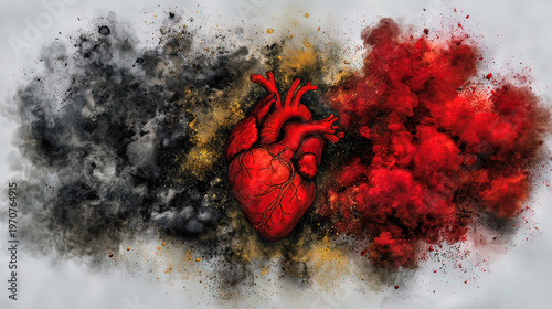 Vibrant heart surrounded by fading shadows, representing medical progress and emerging risks.
