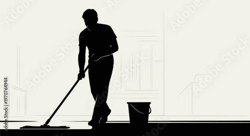 Man cleaning floor with mop and bucket in silhouette against light background