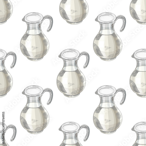 Hand drawn vintage seamless pattern with glass milk jug pitcher dairy object repeated background illustration design