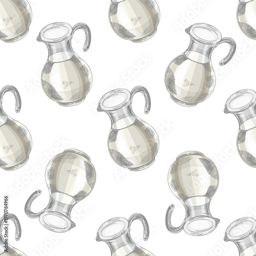 Hand drawn vintage seamless pattern with glass milk jug pitcher dairy object repeated background illustration design
