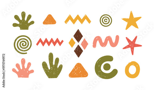 Hand drawn abstract shapes and patterns in pastel colors for graphic design projects and illustrations with textured effect and chalk style.