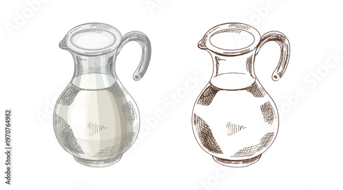 Hand drawn vintage sketch of glass milk jug with handle and spout colored and monochrome illustration set