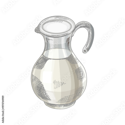 Hand drawn vintage sketch of glass milk jug with handle and spout detailed dairy illustration