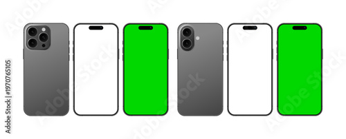 Modern mobile phone devices in blank and green screen, mockup template set for advertisement. Smartphone in front and back angle vector illustration