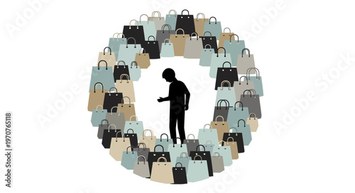 Person surrounded by shopping bags in a circular pattern symbolizing consumerism and retail therapy