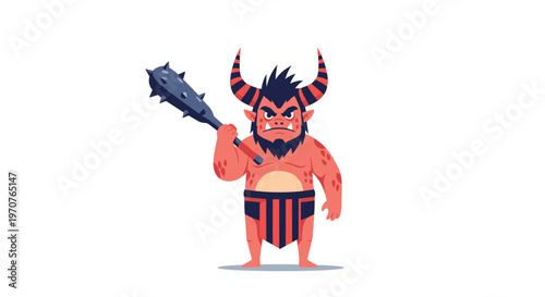 Fierce red Japanese ogre known as Oni stands holding a heavy spiked club with a determined and scary facial expression.