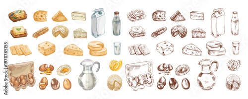 Hand drawn vintage sketch dairy food set with cheese butter milk eggs slices wedges blocks color monochrome illustration collection