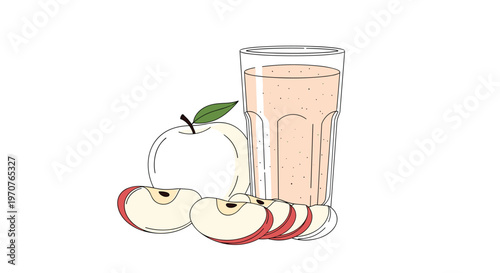 Refreshing glass of healthy apple smoothie is served alongside a whole apple and several fresh red apple slices.