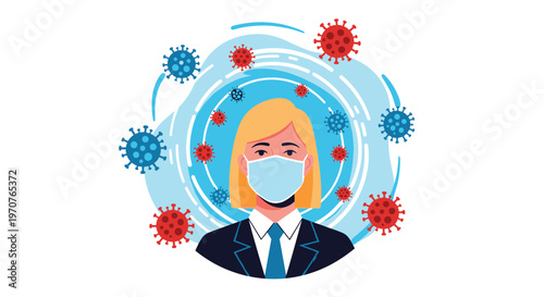 Professional woman wearing a medical face mask is shown fully protected while surrounded by various virus symbols.