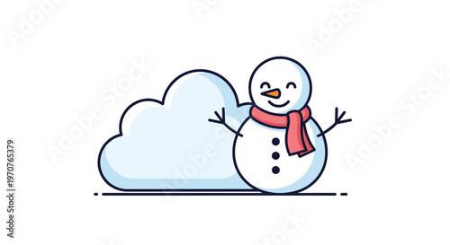 Friendly snowman wearing a red scarf and hat smiles cheerfully in front of a large and soft puffy blue cloud.