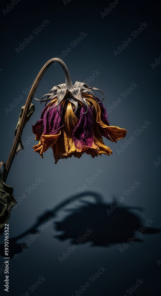 Fototapeta premium A single withered flower sags against a dark, moody backdrop with long shadows, representing cold isolation and a deep sense of sadness, botanical, low key, gloom