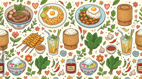 Vibrant seamless pattern showcasing a variety of traditional Thai cuisine dishes, ingredients, and drinks with decorative floral and heart elements.