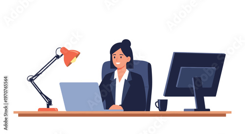 Professional woman in a dark suit works diligently at her office desk with a laptop, monitor, and desk lamp.